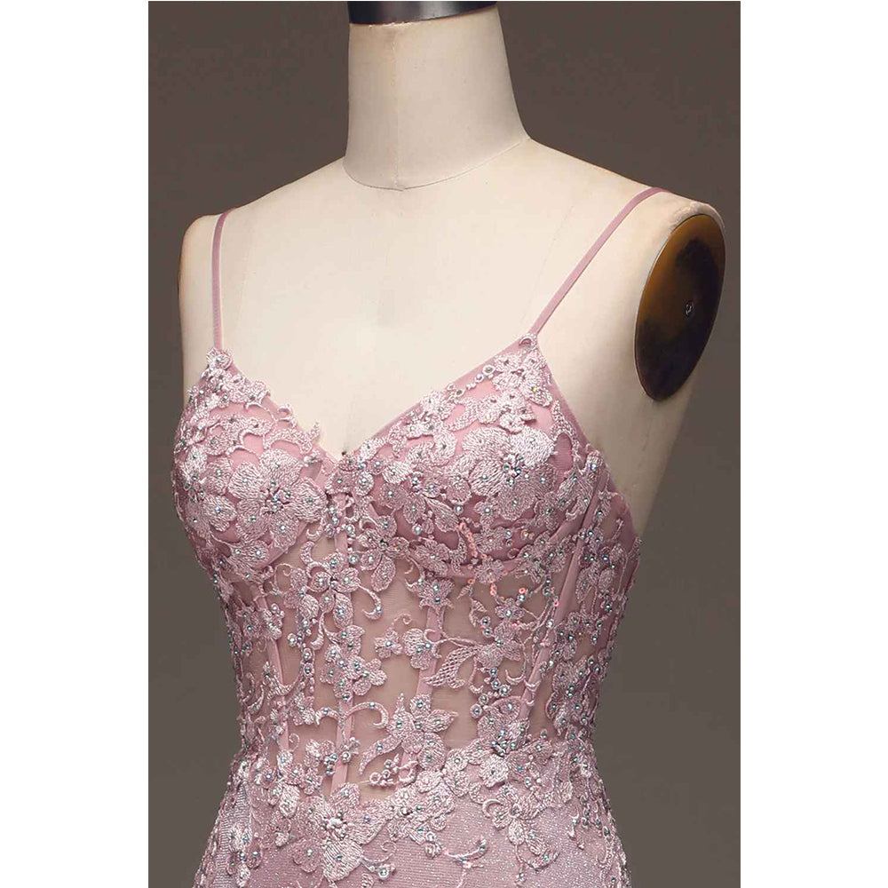 Sparkling pink powder blusher mermaid thin shoulder belt beaded long prom dress