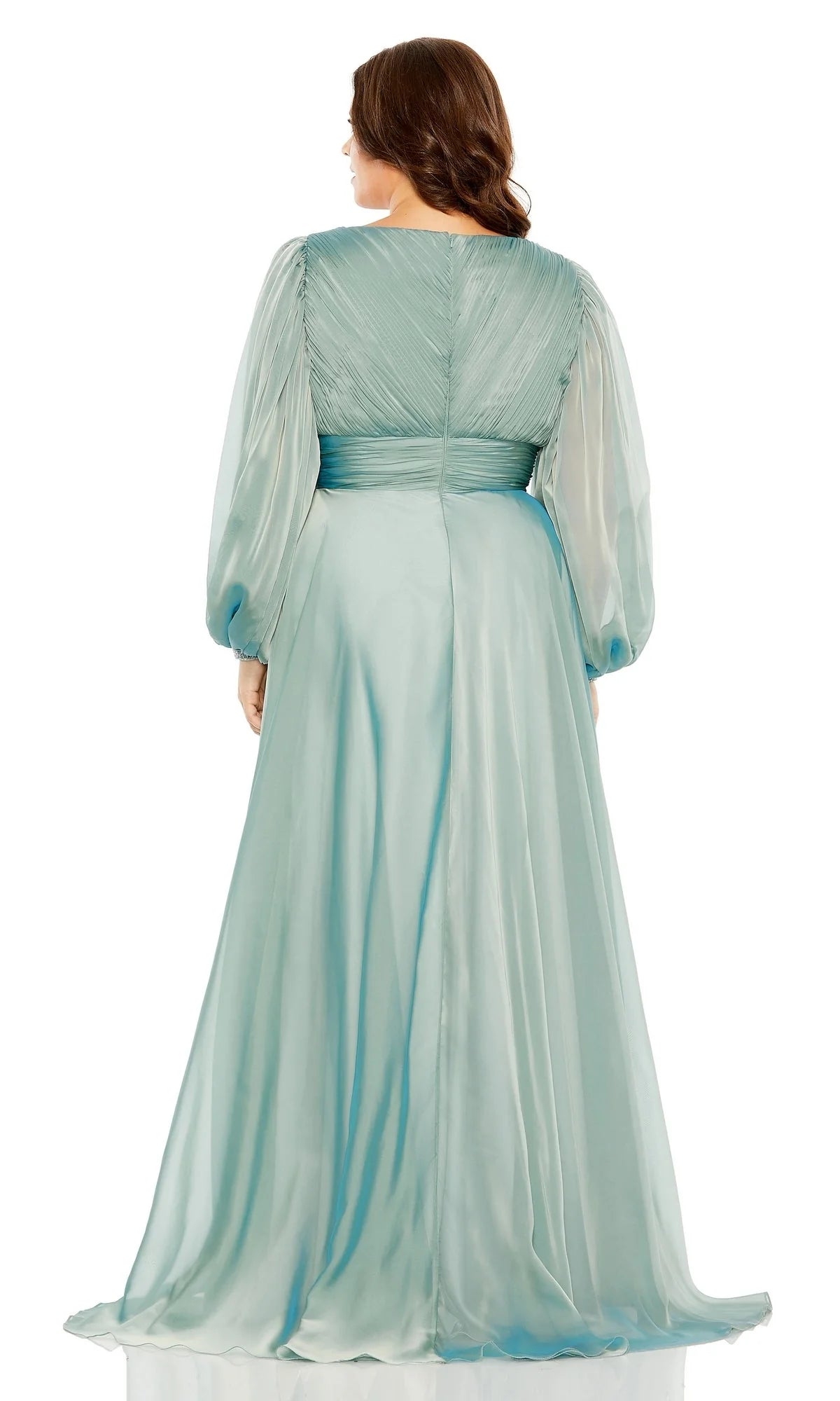A-line V-neck long sleeved high waisted pleated shirt body Prom dress