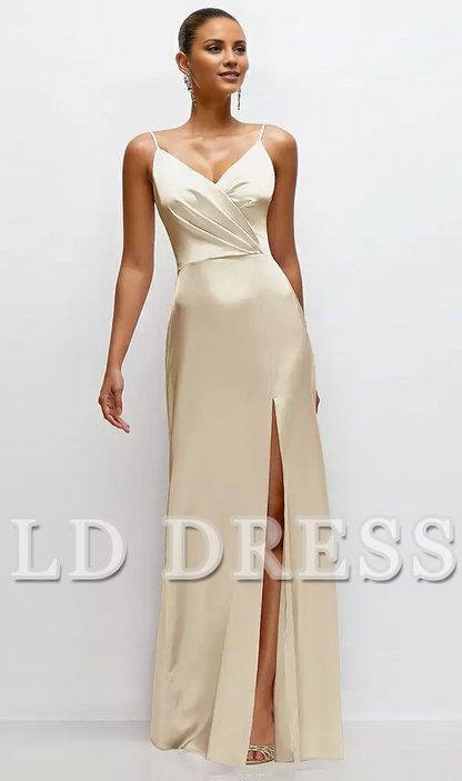Thin shoulder strap pleated satin side slit and floor length bridesmaid dress - LD Dress