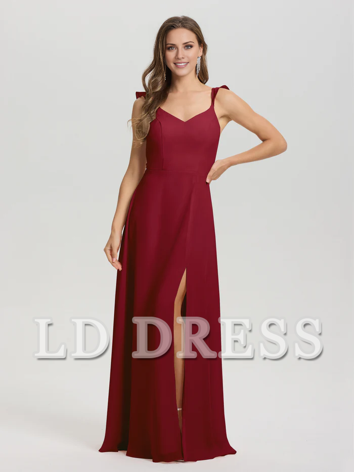 V-neck harness tie and chiffon slit bridesmaid dress