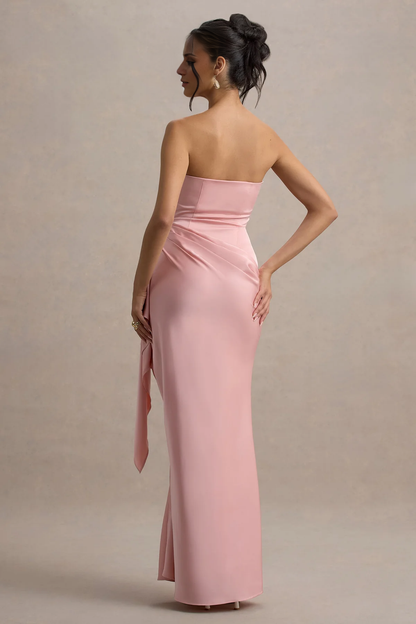 LD - Off Shoulder Collar Satin Pendant Side Split and Floor length Prom Dress