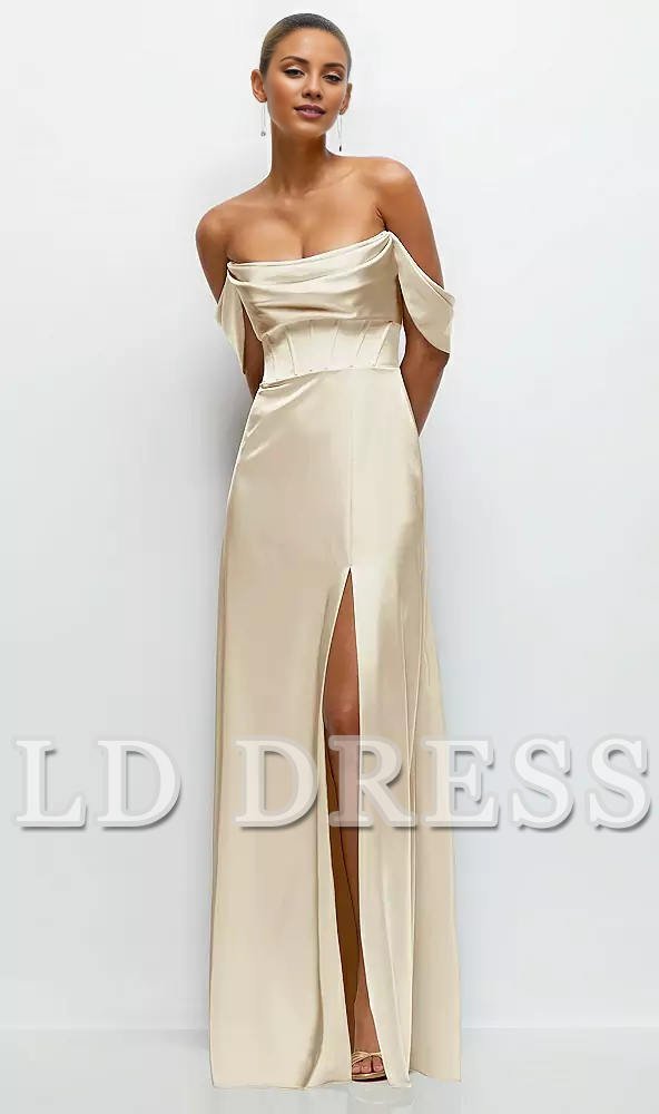 A-line satin off shoulder strapless and floor length bridesmaid dress - LD Dress