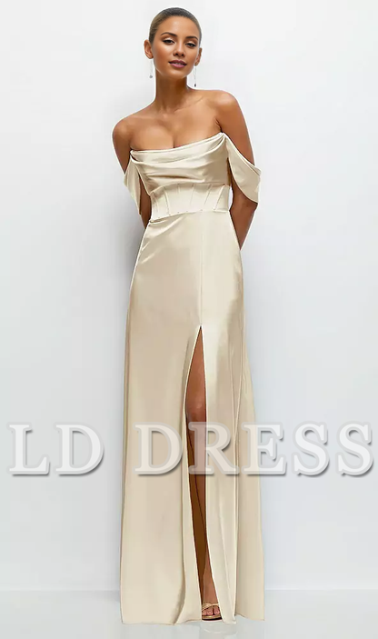 A-line satin off shoulder strapless and floor length bridesmaid dress - LD Dress