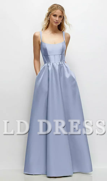 Low round neck studded tight corset satin and floor length bridesmaid dress - LD Dress