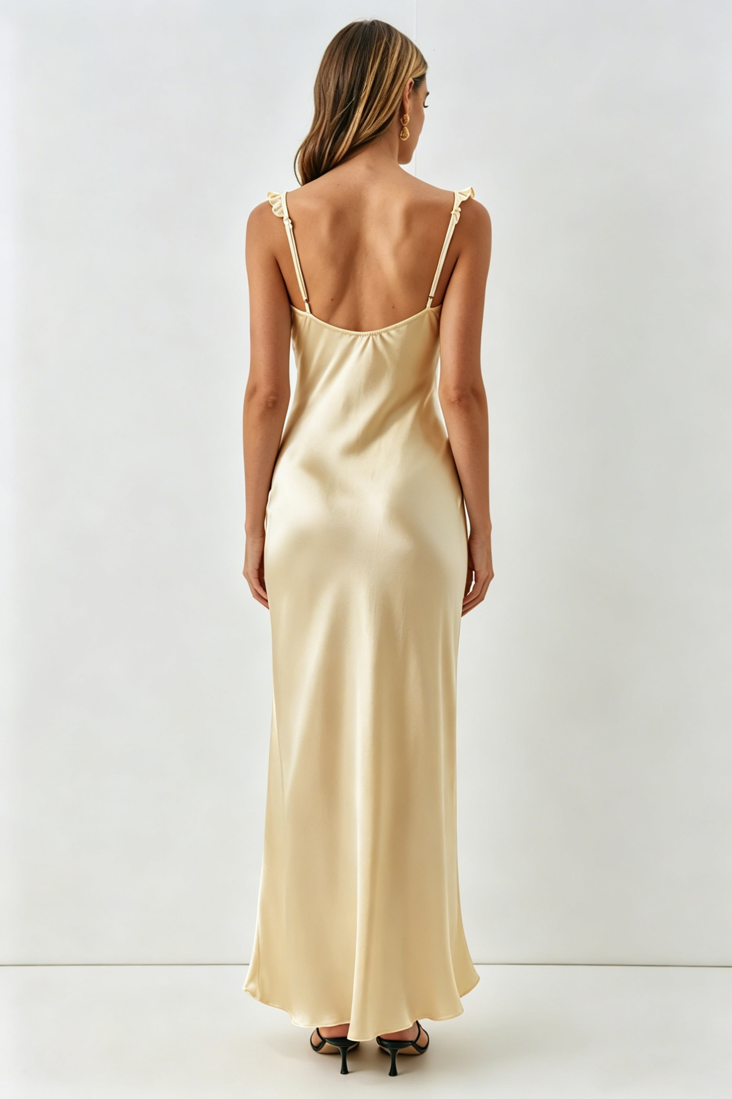 Romantic Satin Bias Cut Maxi Dress Sweetheart Neck Ruffle Strap Sleeveless Evening Dresses