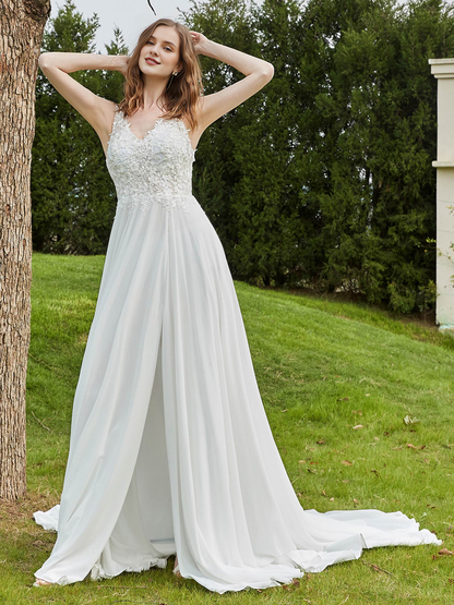 Lace V-neck slit chiffon wedding dress