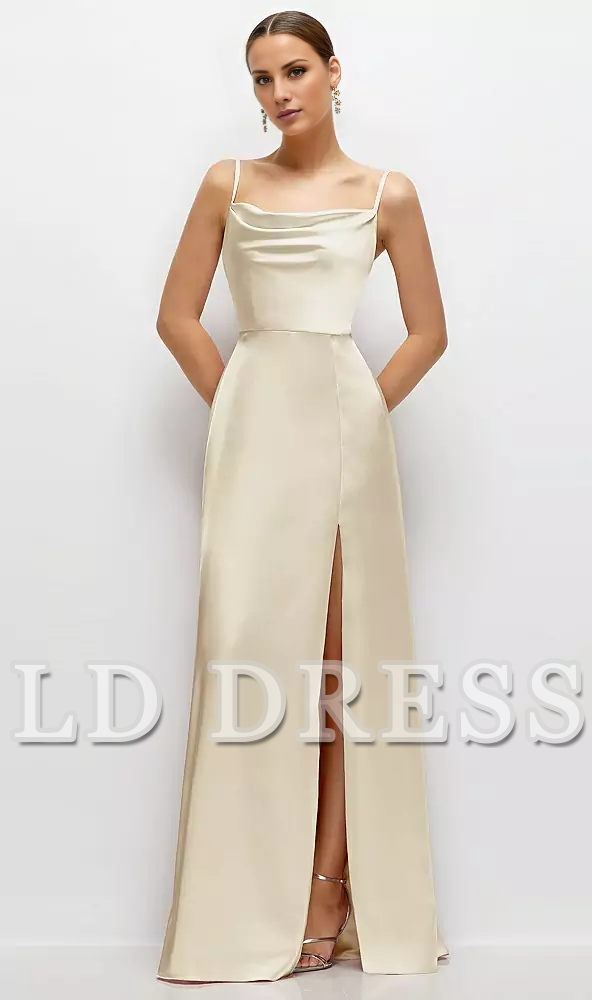 Thin shoulder strap high neck satin side slit and floor length bridesmaid dress - LD Dress