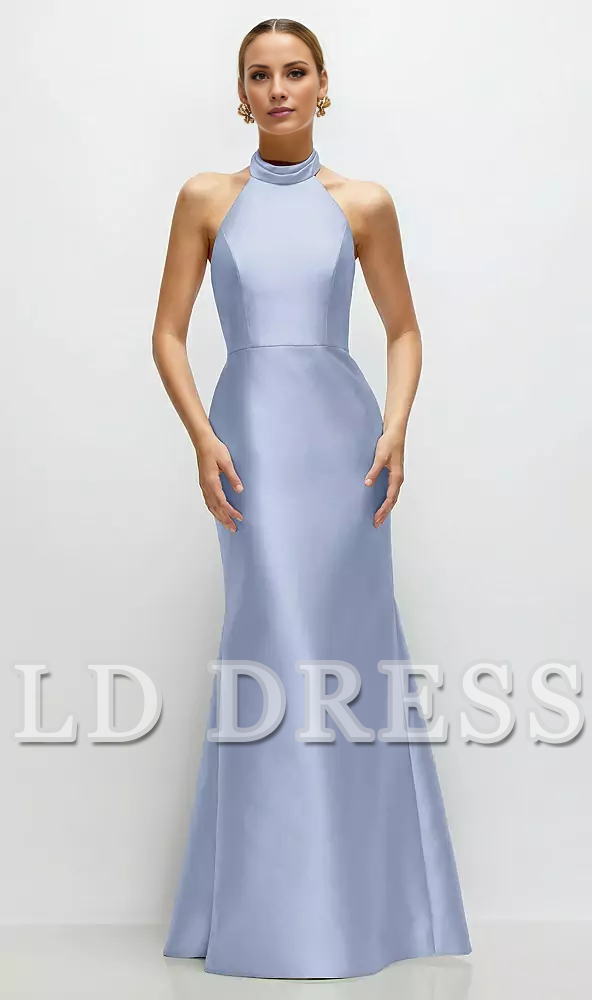 High neck spaghetti strap satin and floor length bridesmaid dress - LD Dress