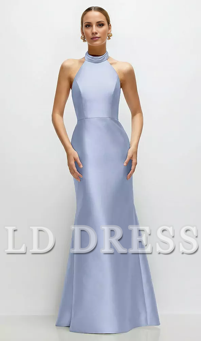 High neck spaghetti strap satin and floor length bridesmaid dress - LD Dress