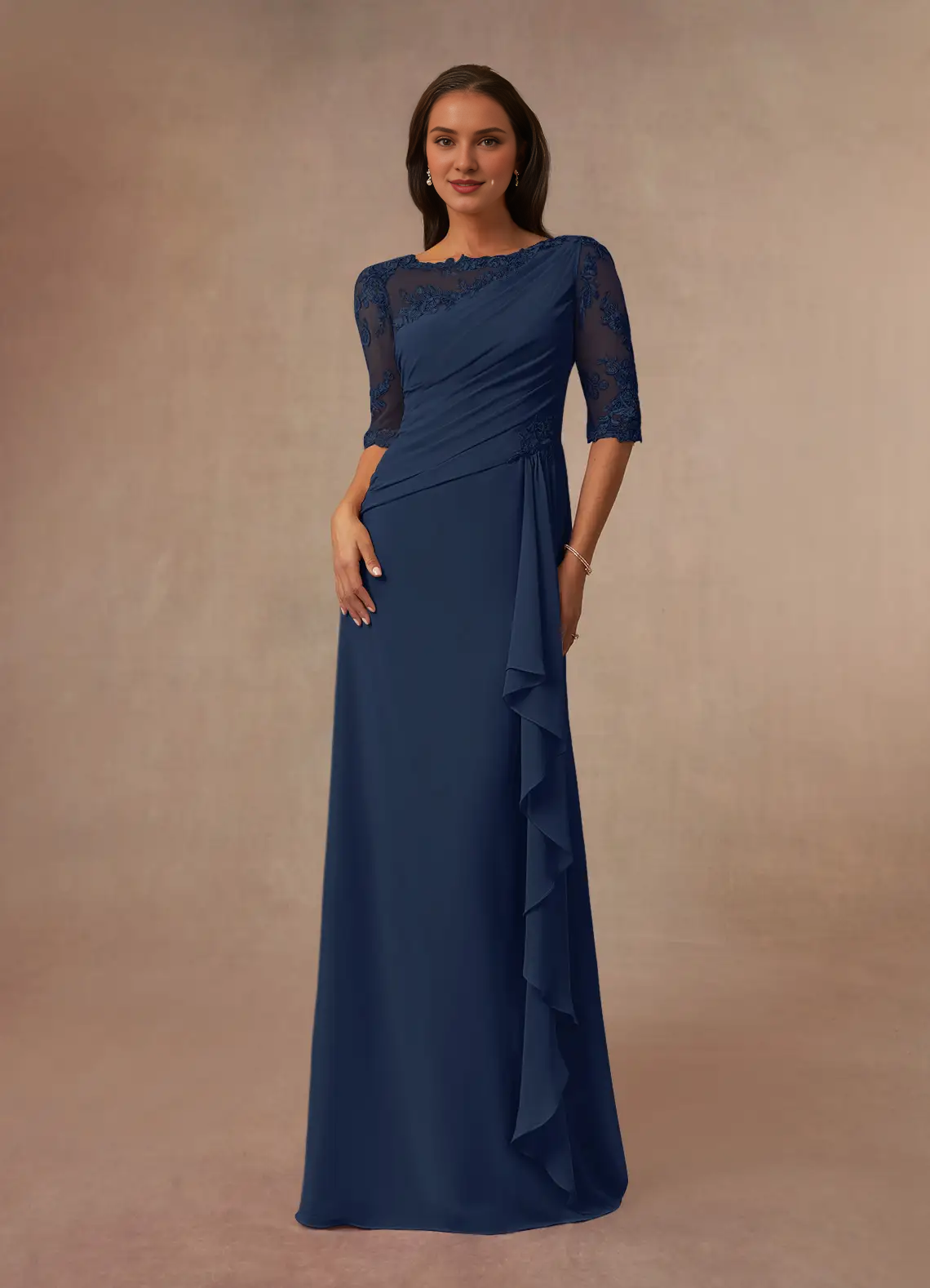 A-line boat collar lace chiffon and floor length mother of the bride dress