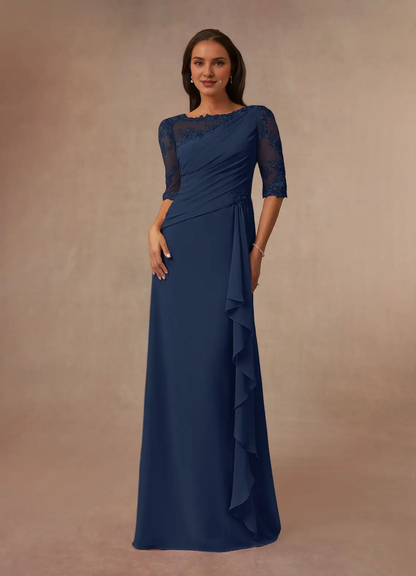 A-line boat collar lace chiffon and floor length mother of the bride dress