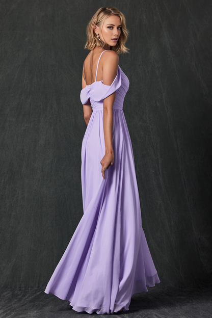 LD -- A-line off shoulder formal backless and floor length evening dress