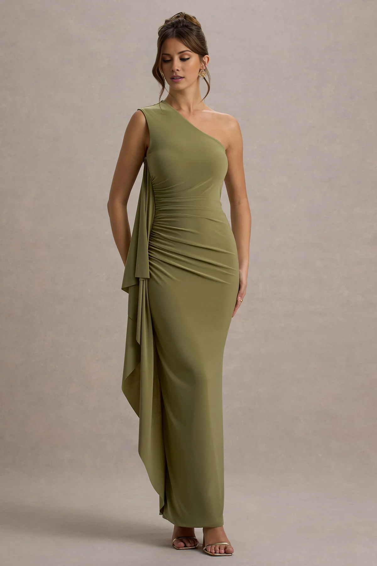 LD - Asymmetric collar single shoulder backless and floor length Prom dress