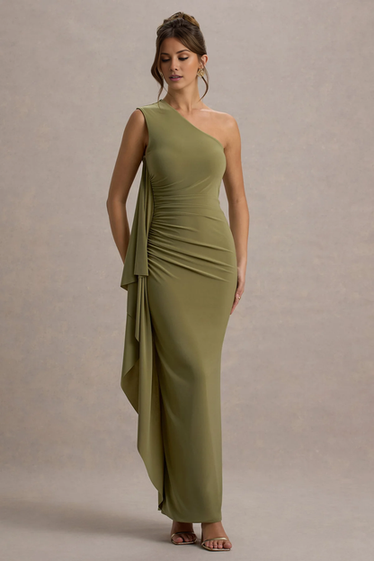 LD - Asymmetric collar single shoulder backless and floor length Prom dress
