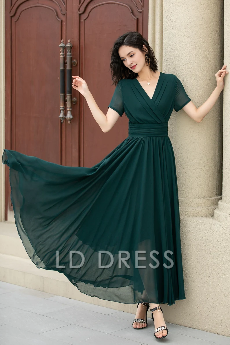LD V-neck short sleeved chiffon pleated details and floor length Prom dress