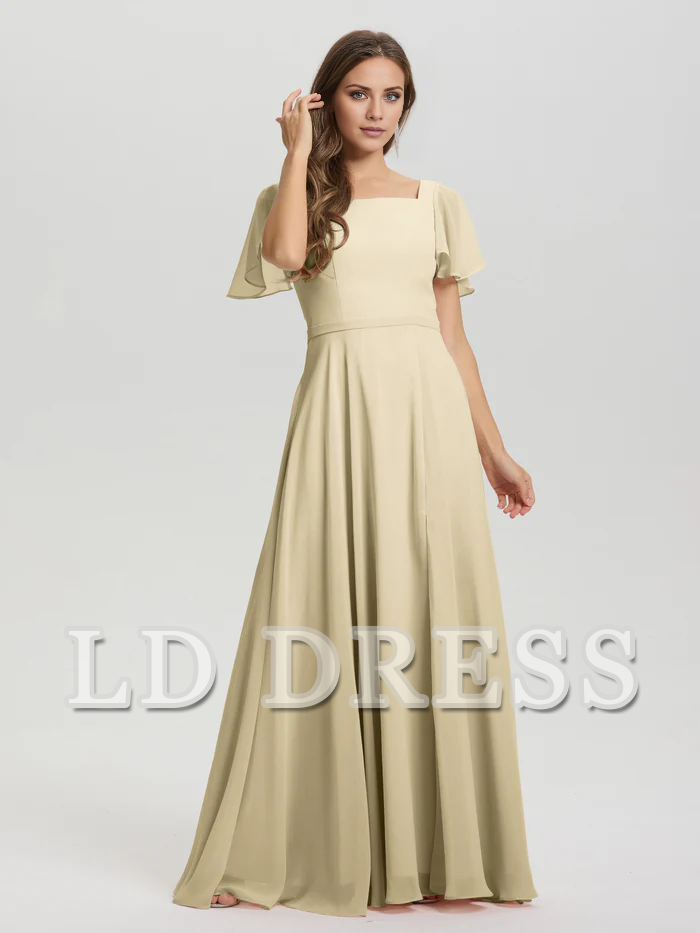 A-line square collar ruffled short sleeved and ground chiffon bridesmaid dress