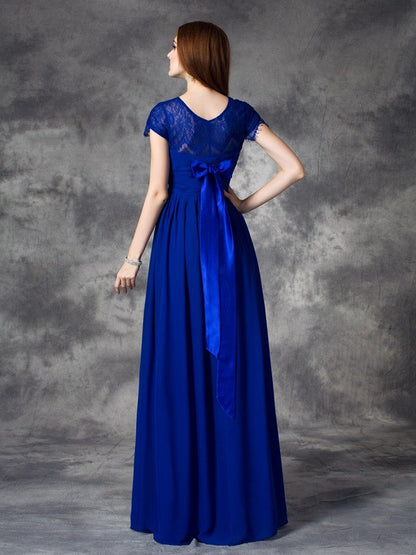 A-line/Princess Bateau Lace Sleeveless Long Chiffon Bridesmaid Dresses