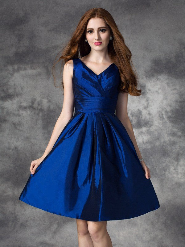 A-Line Satin V-neck Sleeveless Short/Mini With Ruched Bridesmaid Dresses