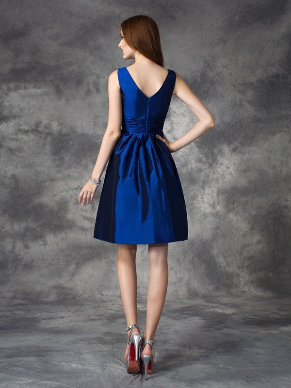A-Line Satin V-neck Sleeveless Short/Mini With Ruched Bridesmaid Dresses