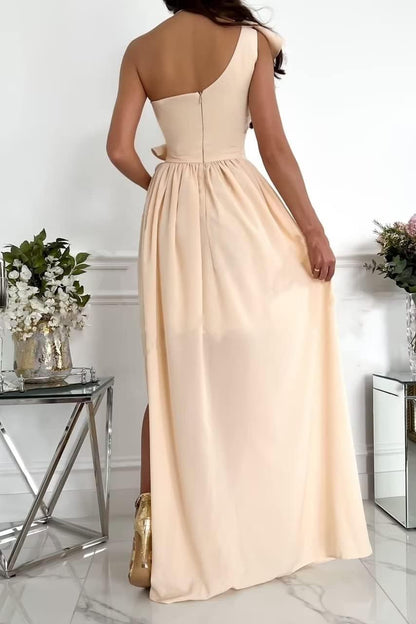 Elegant printed off shoulder patchwork ruffle edge sloping collar backless and floor length dress