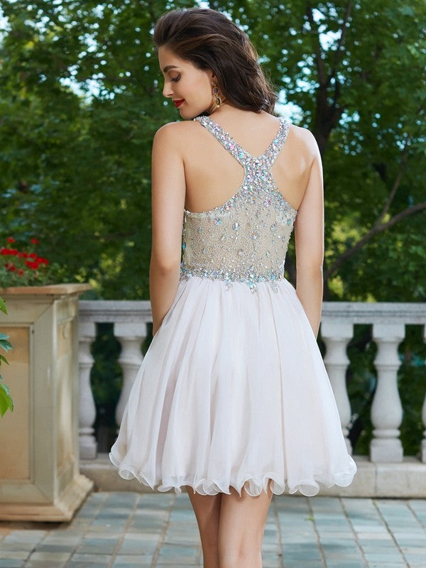 A-Line/Princess Straps Sleeveless Rhinestone Short/Mini Chiffon Dresses