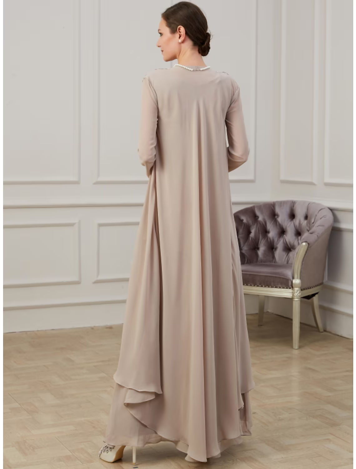 A-Line Mother of the Bride Dress Elegant Floor Length Chiffon Long Sleeve Jacket Dresses with Appliques