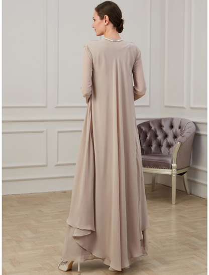 A-Line Mother of the Bride Dress Elegant Floor Length Chiffon Long Sleeve Jacket Dresses with Appliques