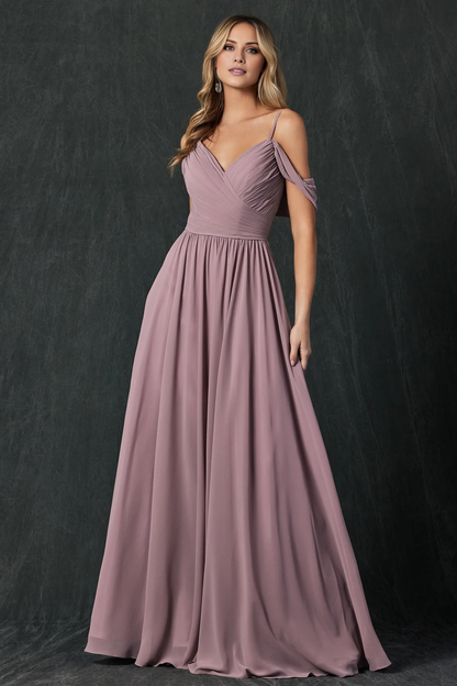 LD -- A-line off shoulder formal backless and floor length evening dress