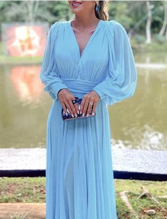 Jumpsuit / Pantsuit Mother of the Bride Dress Formal Wedding Guest Elegant V Neck Floor Length Chiffon Long Sleeve with Pleats Ruched