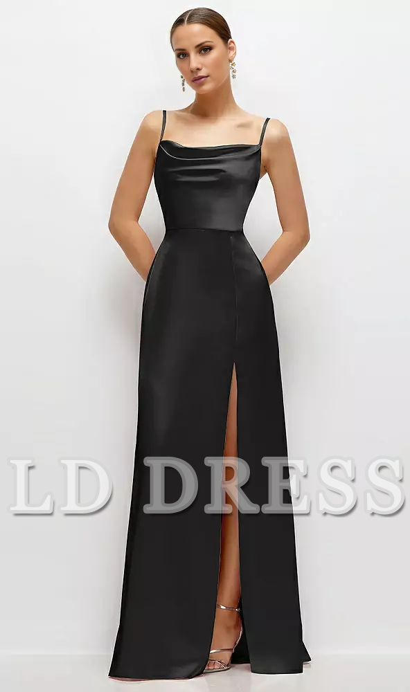 Thin shoulder strap high neck satin side slit and floor length bridesmaid dress - LD Dress
