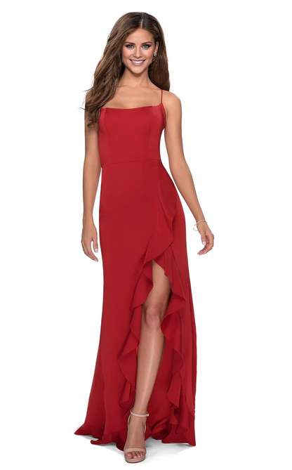 Spoon neckline thin shoulder straps ruffled edges and floor length evening gown