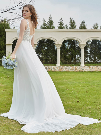 Lace V-neck slit chiffon wedding dress
