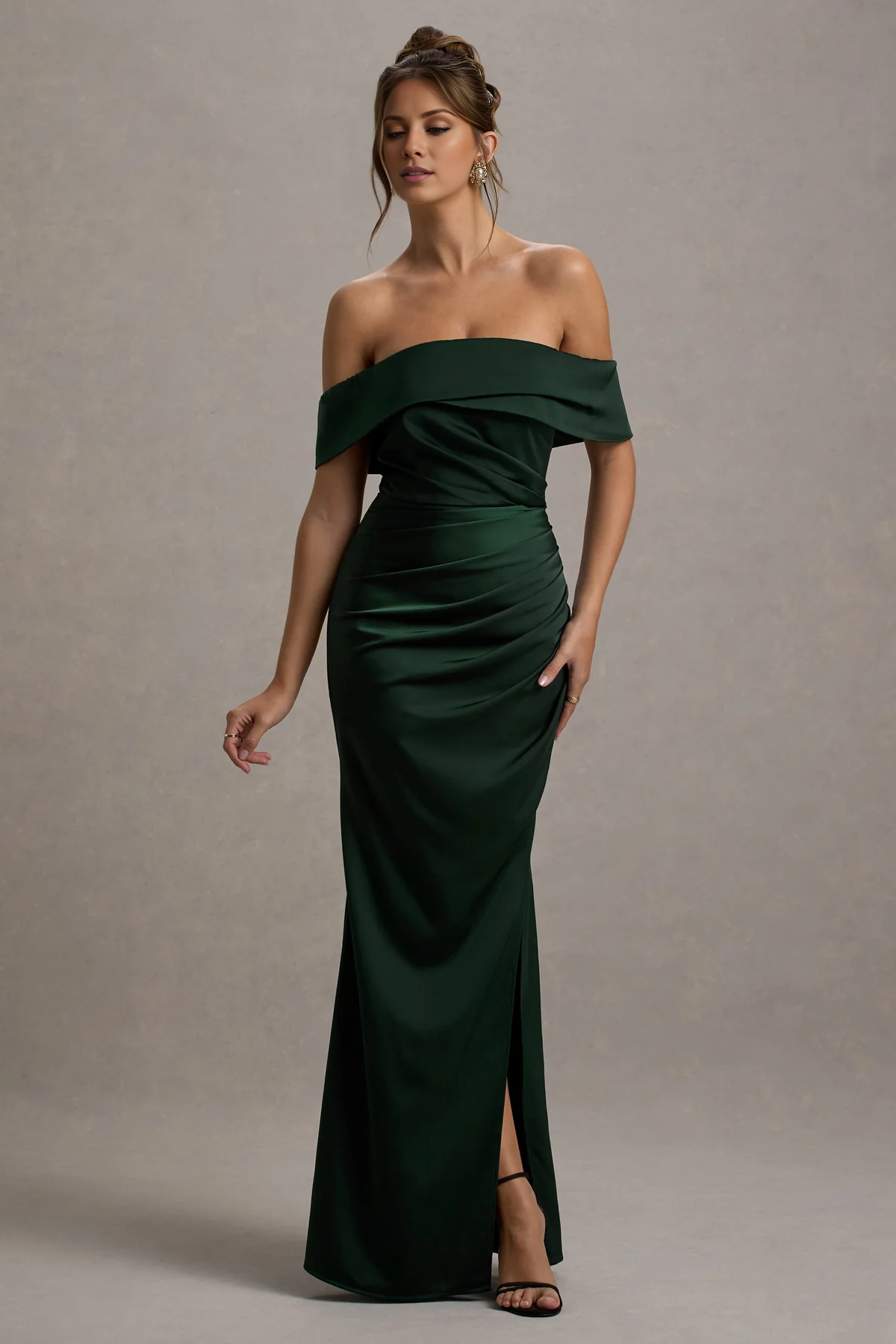 LD - Shoulder less collar satin strapless backless and floor length Prom dress