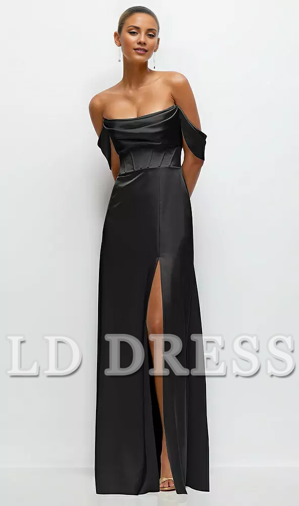 A-line satin off shoulder strapless and floor length bridesmaid dress - LD Dress
