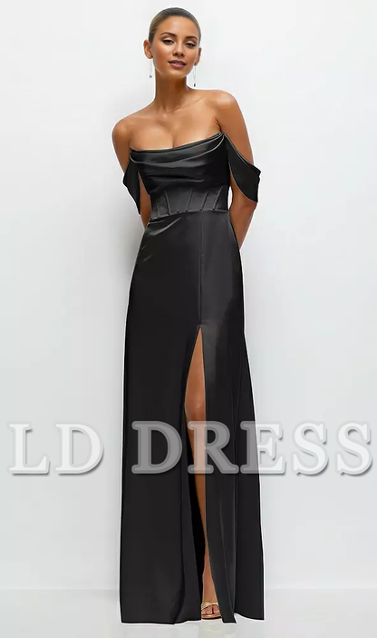A-line satin off shoulder strapless and floor length bridesmaid dress - LD Dress