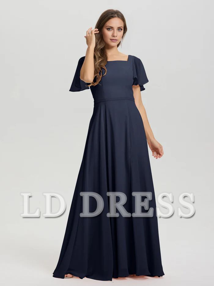 A-line square collar ruffled short sleeved and ground chiffon bridesmaid dress