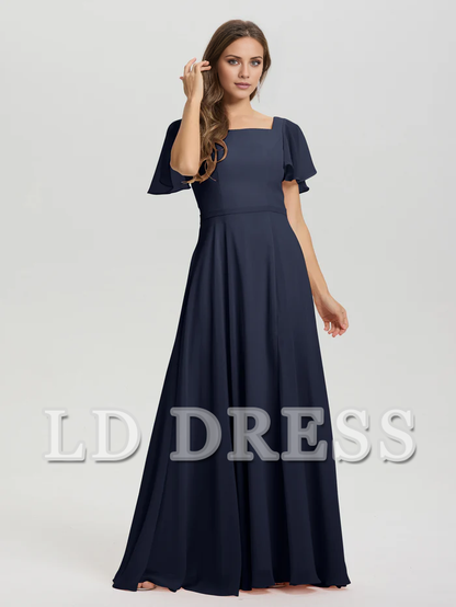 A-line square collar ruffled short sleeved and ground chiffon bridesmaid dress