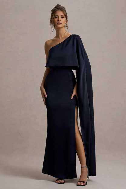 LD - Single shoulder collar satin side slit and floor length Prom dress