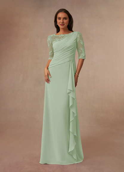 A-line boat collar lace chiffon and floor length mother of the bride dress