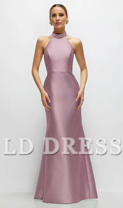 High neck spaghetti strap satin and floor length bridesmaid dress - LD Dress