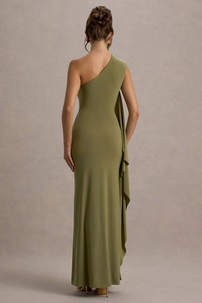 LD - Asymmetric collar single shoulder backless and floor length Prom dress