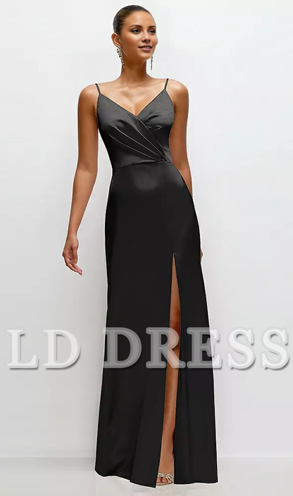 Thin shoulder strap pleated satin side slit and floor length bridesmaid dress - LD Dress