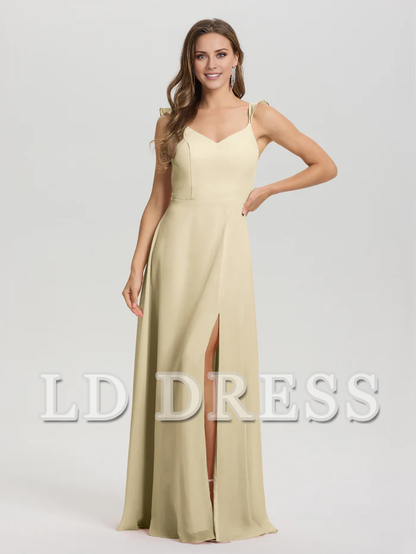 V-neck harness tie and chiffon slit bridesmaid dress