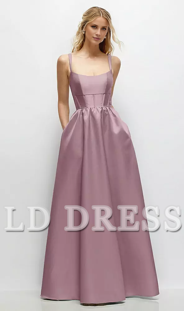 Low round neck studded tight corset satin and floor length bridesmaid dress - LD Dress