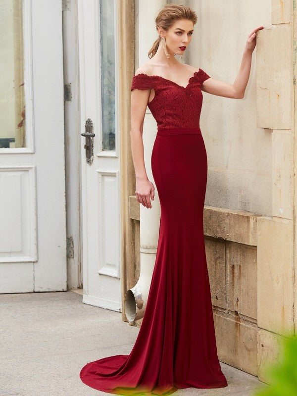 Trumpet/Mermaid Off-the-Shoulder Sleeveless Lace Spandex Sweep/Brush Train Dresses
