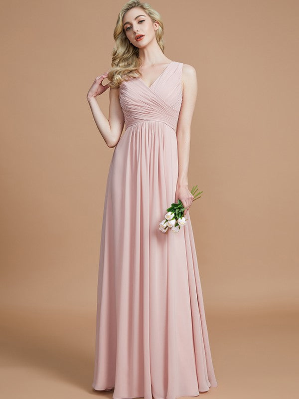 A-Line V-neck Sleeveless With Ruched Floor-Length Chiffon Bridesmaid Dresses
