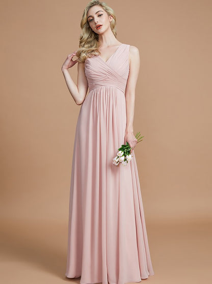 A-Line V-neck Sleeveless With Ruched Floor-Length Chiffon Bridesmaid Dresses