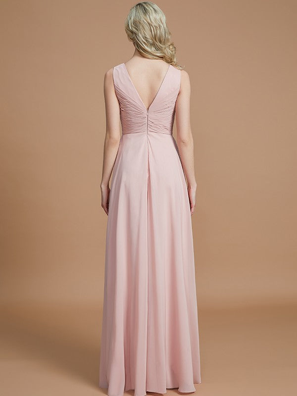 A-Line V-neck Sleeveless With Ruched Floor-Length Chiffon Bridesmaid Dresses