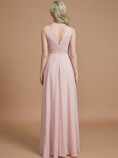 A-Line V-neck Sleeveless With Ruched Floor-Length Chiffon Bridesmaid Dresses