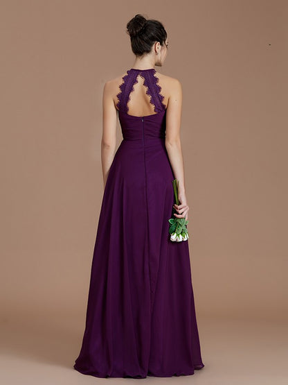 A-Line/Princess Halter Sleeveless Ruched Floor-Length Chiffon Bridesmaid Dresses